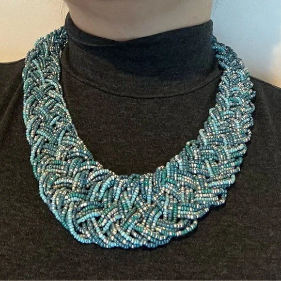Vintage Turquoise and Silver Small Beads Braided Chunky Statement Necklace - Picture 8 of 9